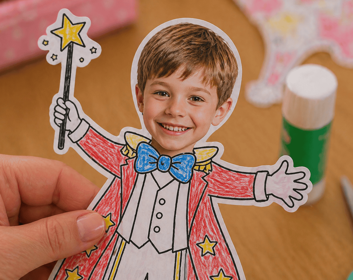 Foto auf den Kopfbereich der Zirkusfigur kleben, alles ausschneiden - fertig!