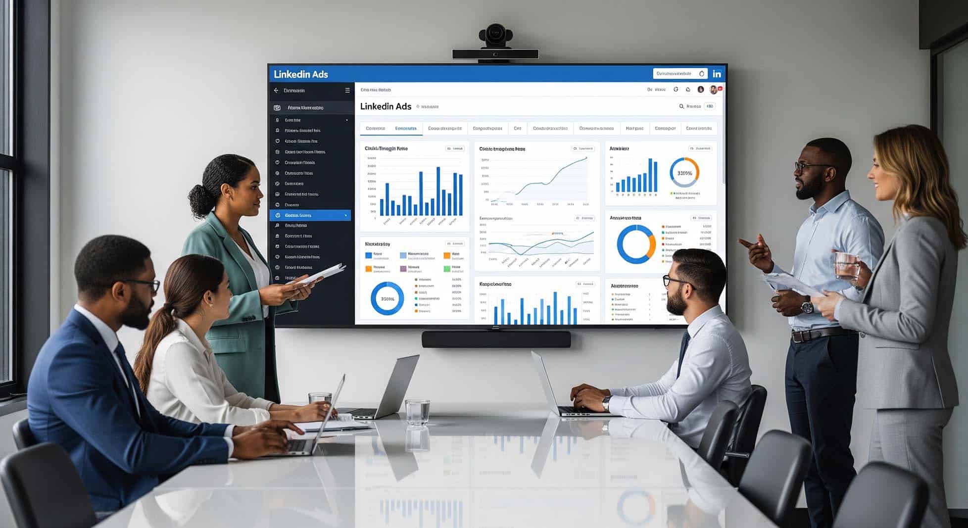 ready to turn linkedin scrollers into paying clients Business presentation on LinkedIn Ads performance analytics.