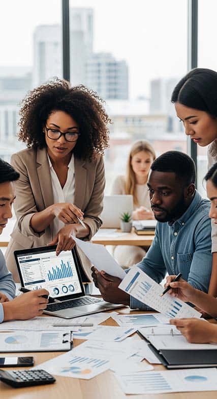 profit audits Diverse team discussing business graphs in meeting room.