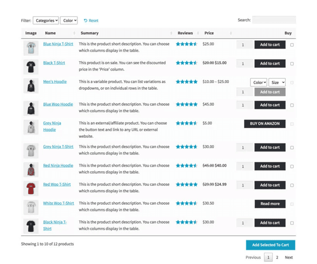product table layout