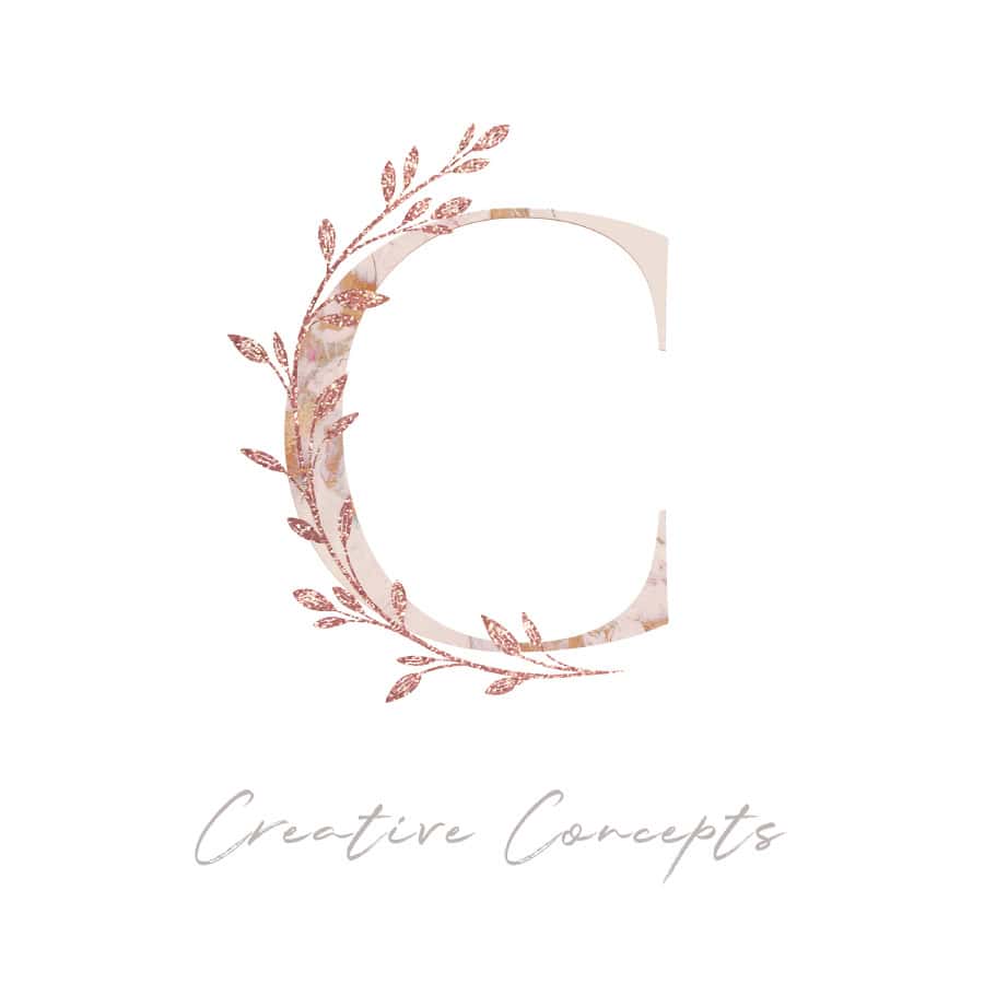Elegant marbled letter C with rose gold leaves logo
