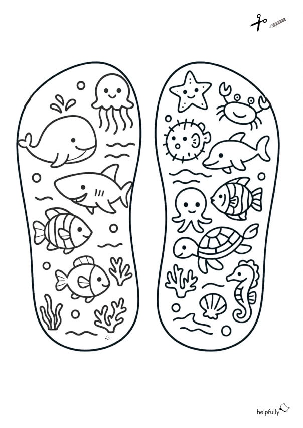 Flip Flops als Ausmalbild mit Sommermotiven und Unterwassertieren zum Ausdrucken für Kinder
