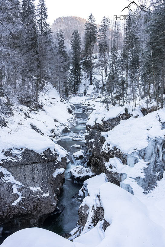 Die verschneite Walchenklamm im Winter