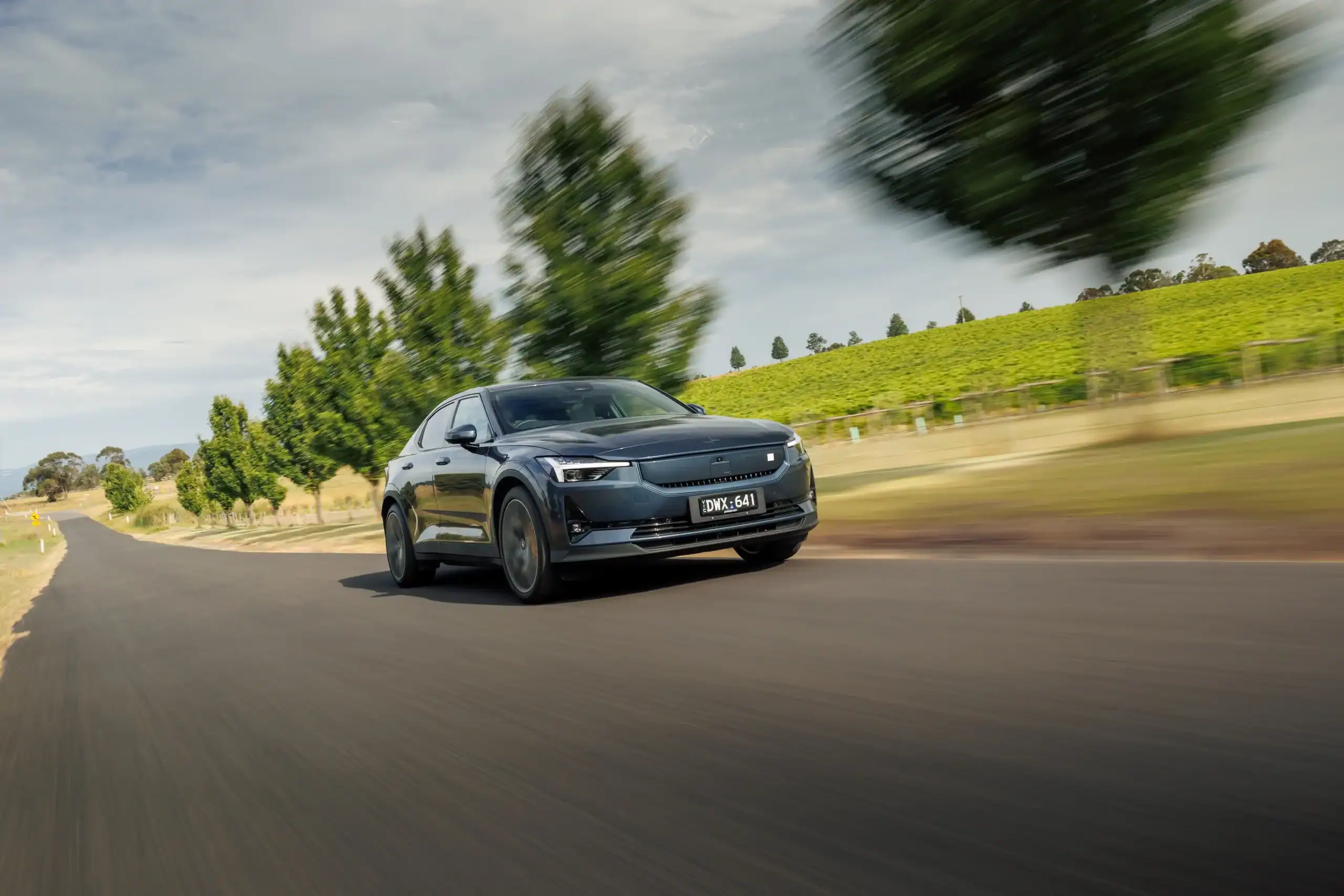 Polestar 2 driven fast down road