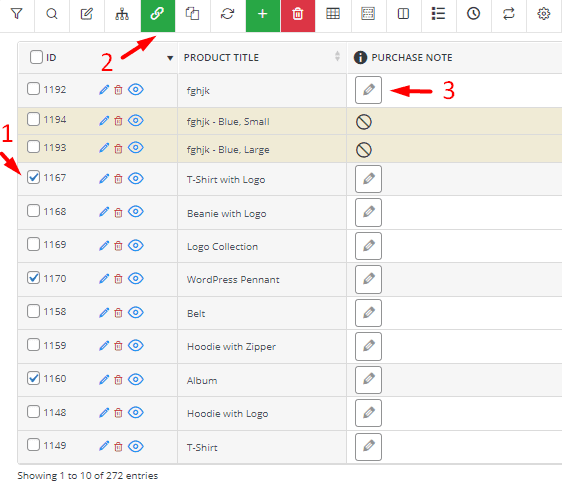 Bind Edit product purchase note in table