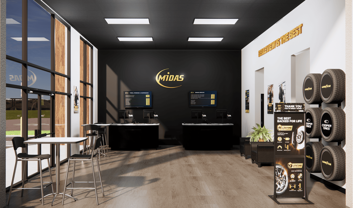Midas’ updated interior design features expanded customer seating, modern service counters, and a brighter retail-inspired environment. Image Courtesy of Midas