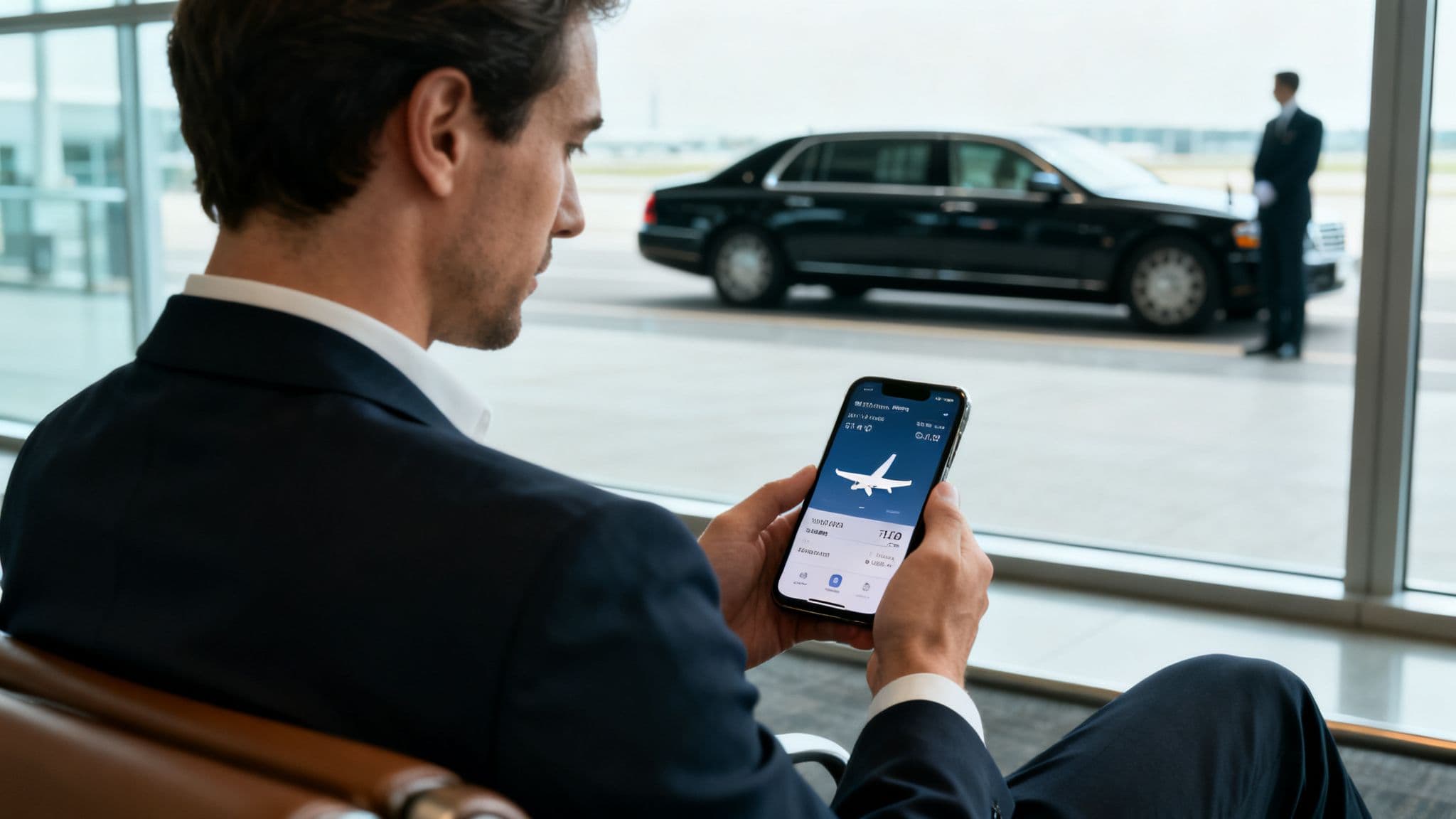 10 Essential Business Travel Safety Tips for a Secure Trip 1 Man in suit checking flight details on smartphone at airport, luxury car and chauffeur visible outside.
