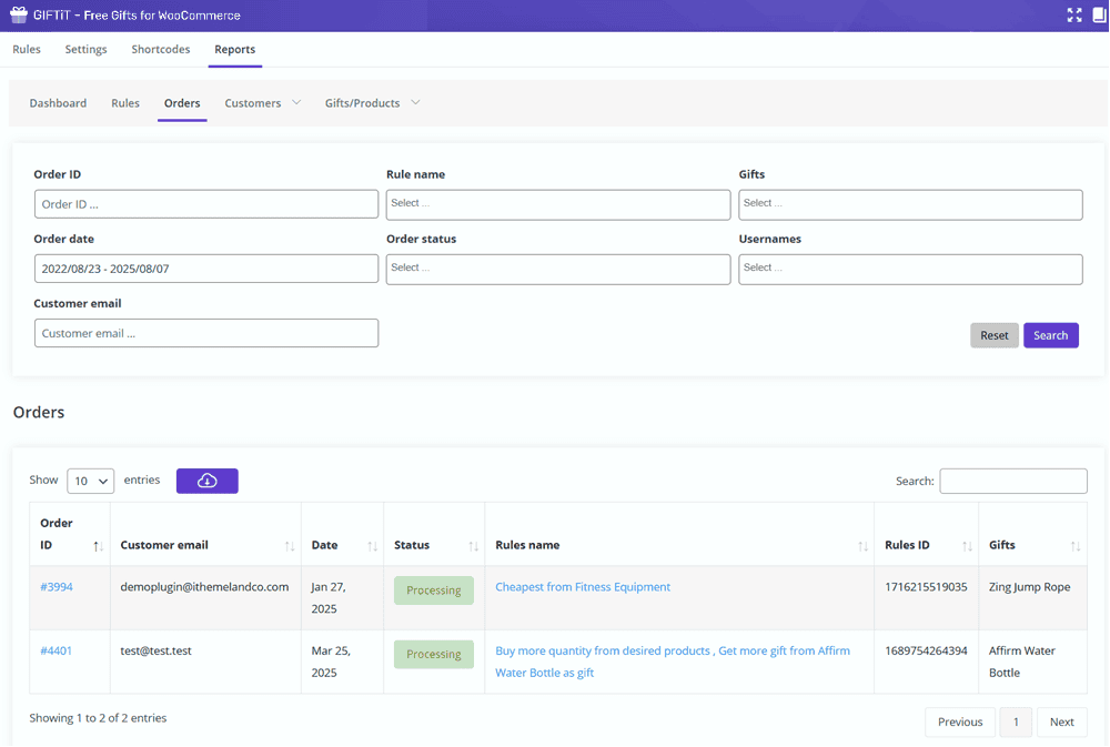 Customer segmentation report in free gift for woocommerce plugin