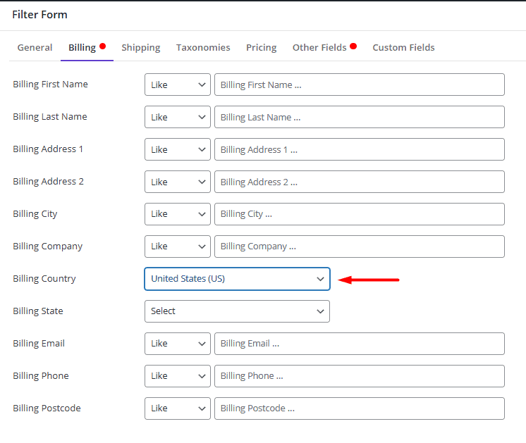 Filter orders based on billing country