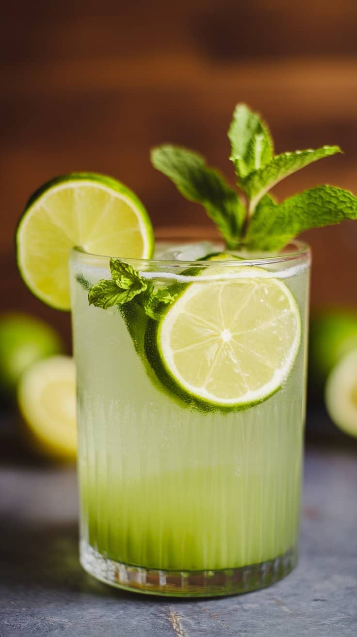 A refreshing Minty Lime Cooler with lime slices and mint leaves .Fun St. Patrick's Day Kids Drinks Ideas.