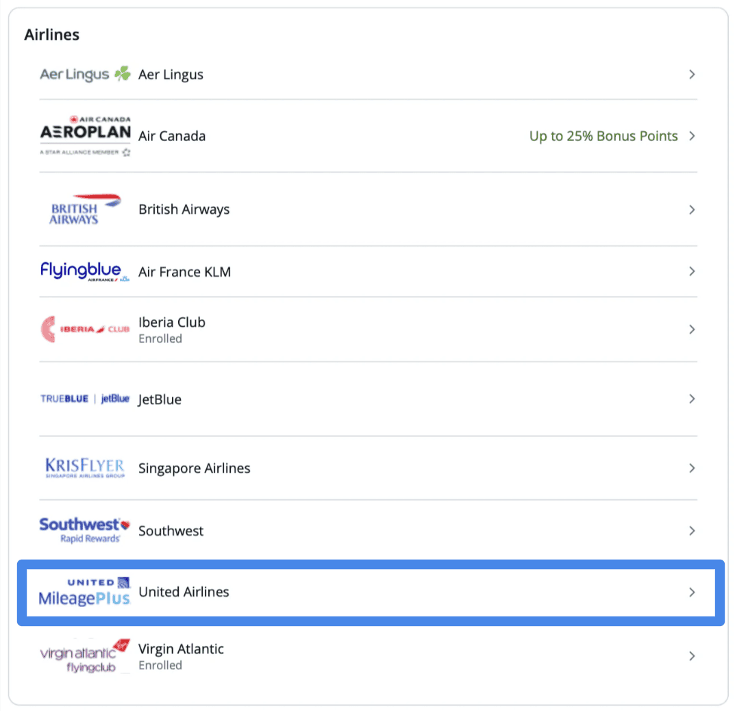 Converting Chase Points to United Miles (Step-by-Step) 2 airline partners and choose United Airlines MileagePlus