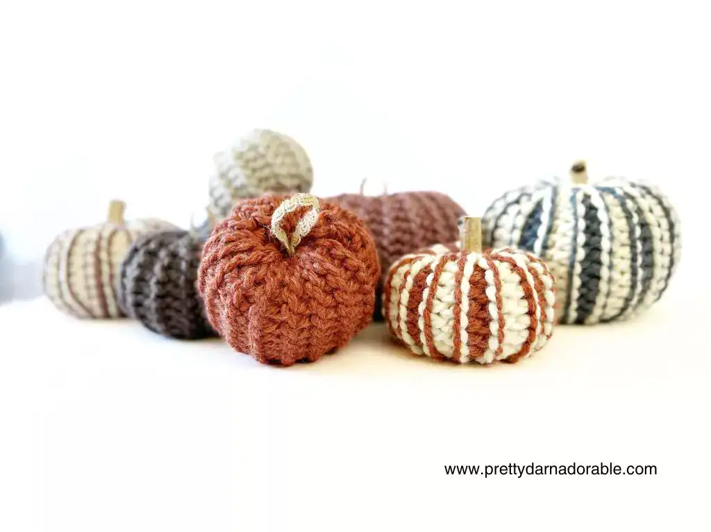Chunky ribbed crocheted pumpkins in orange, brown, cream, and gray sit on a white surface; www.prettydarnadorable.com appears at the corner. Free crochet pattern