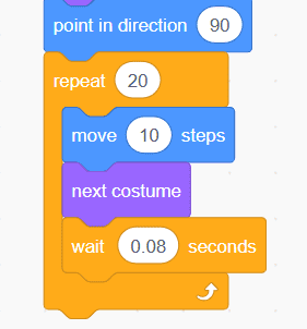 Scratch walking loop — repeat block with move steps, next costume, and wait — the core of the Scratch cat walk-in animation
