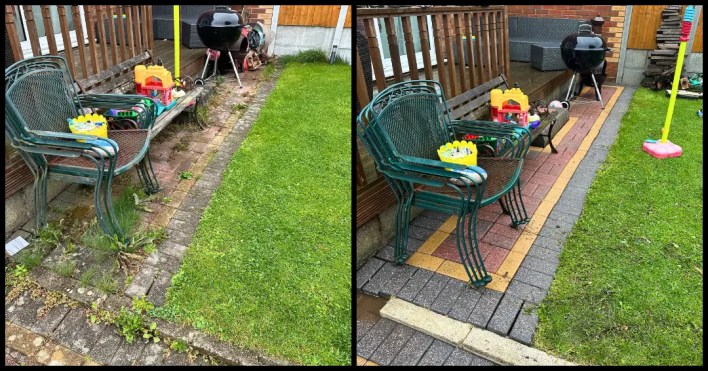 Jet washing patio with visible foam and treatment