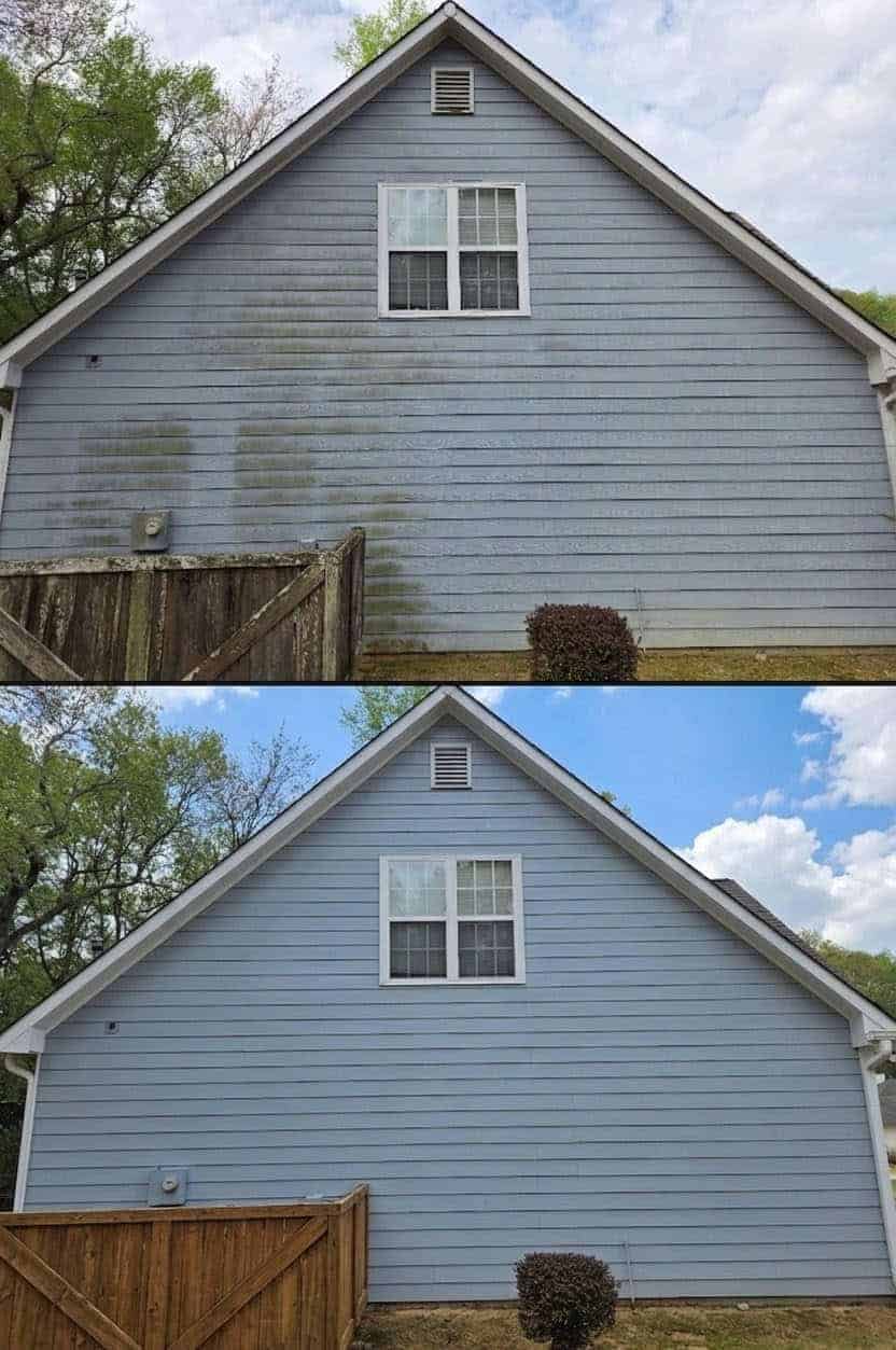 Before and after comparison of a blue vinyl siding house wash in Loganville, GA by Blue Heron Exterior Cleaning.