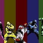 Héros de jeux vidéo pixelisés en costume coloré, représentant une équipe prête à combattre dans un univers rétro 8-bit.