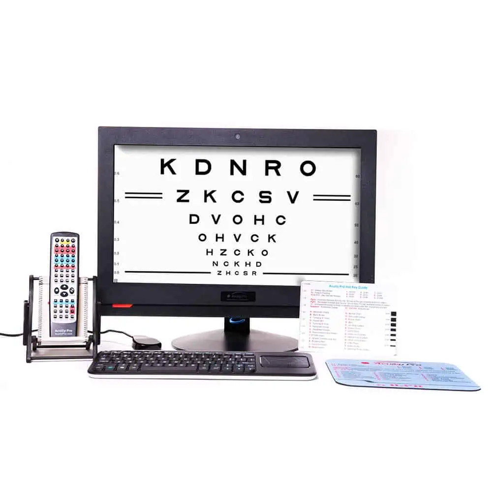 All In One Solution 1 Acuitypro all-in-one solution setup featuring a digital acuity chart on a monitor, remote control, keyboard, and quick-reference guides.