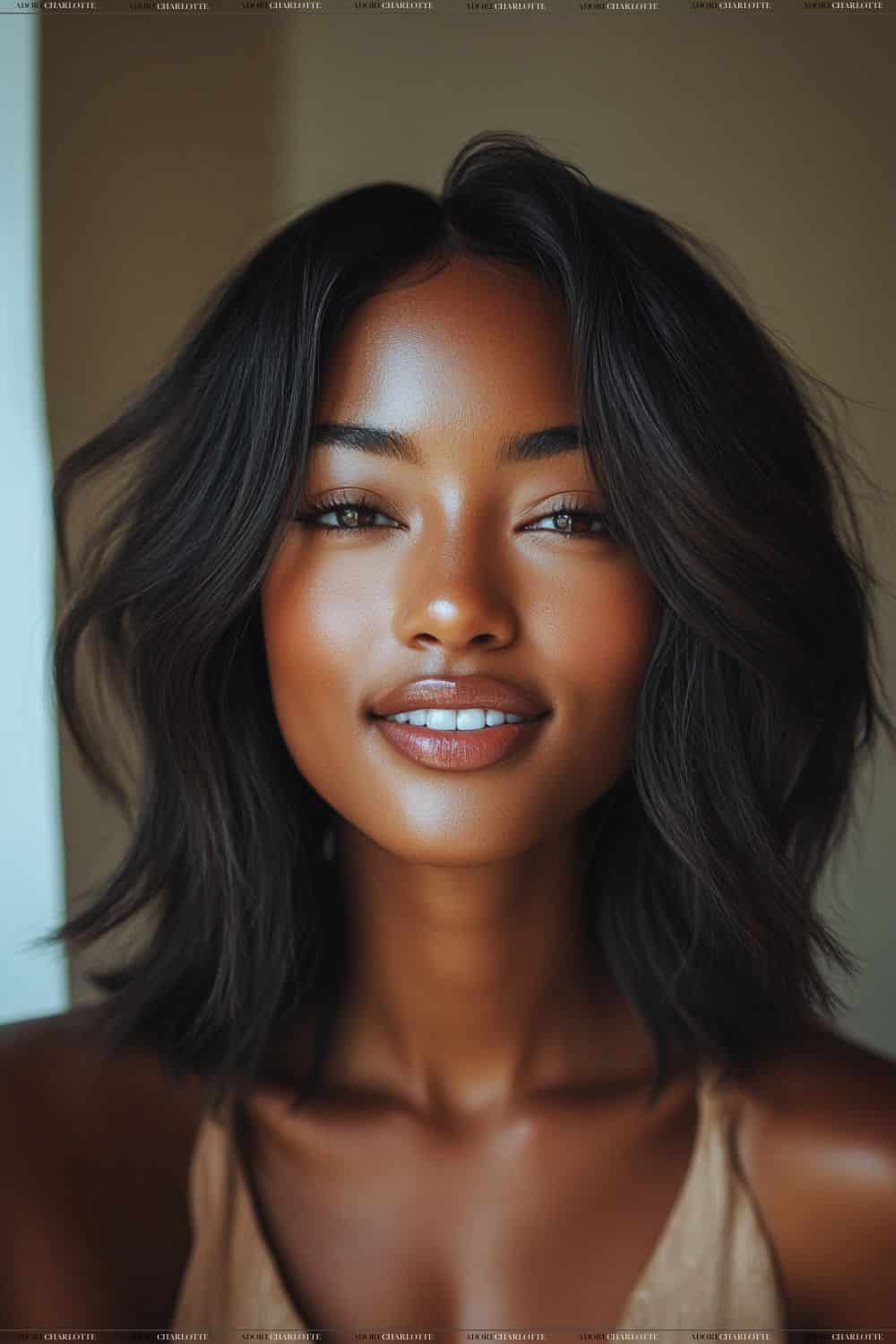 Long Layers with Side Bangs Hairstyles for Women with Round Faces