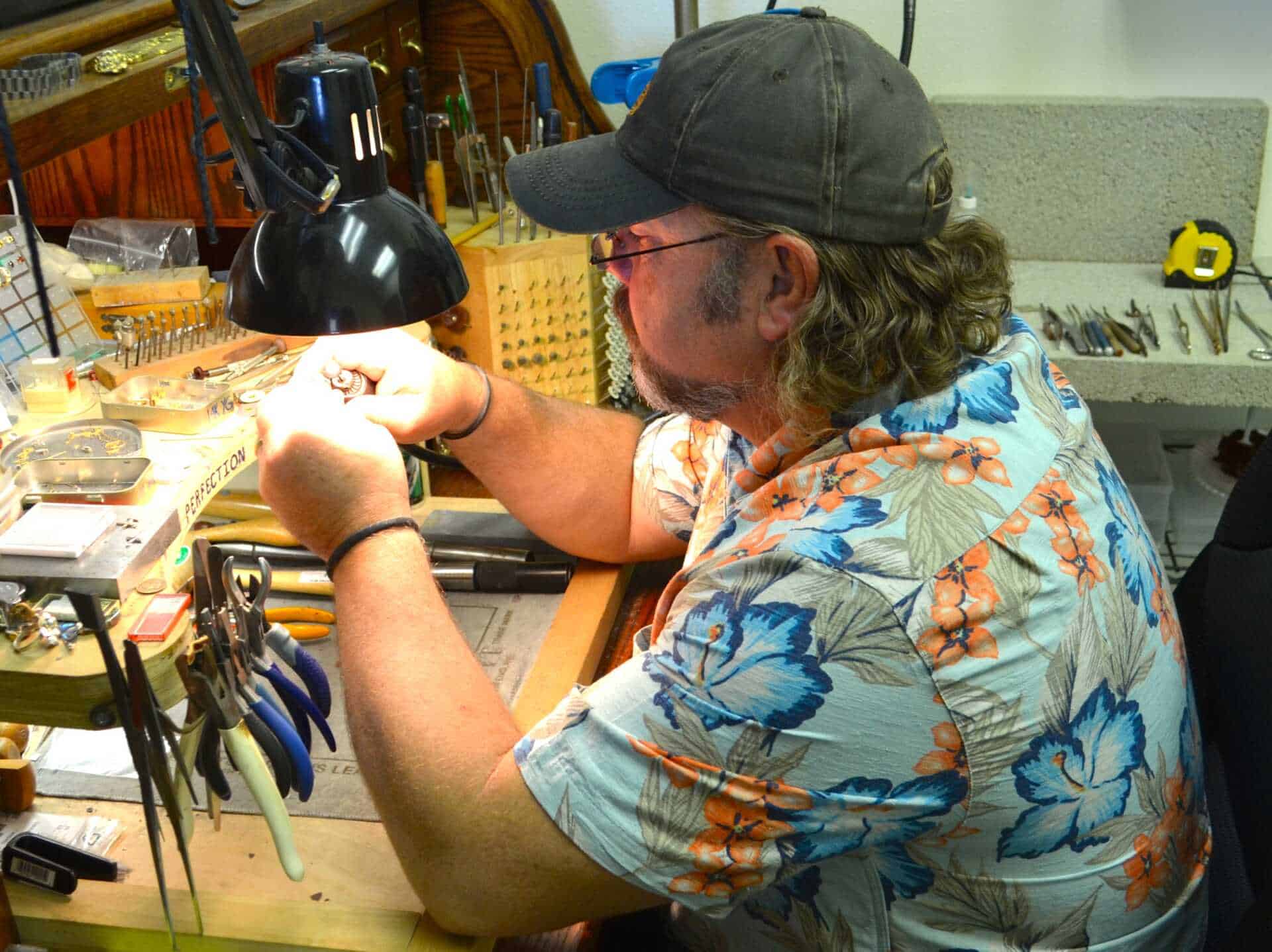 Steve Burrus, our Artisan Jeweler, hard at work repairing jewelry.