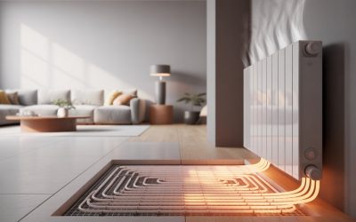 v2-1bzxpi-z5drq Interior de una sala moderna mostrando una sección del suelo con tuberías de calefacción por agua y un radiador de baja temperatura en la pared.