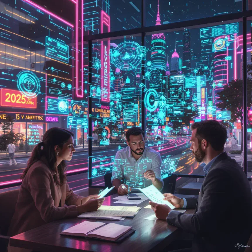 Futuristisches Meeting mit digitaler Stadtansicht im Hintergrund, Technologie und Innovation im Fokus.