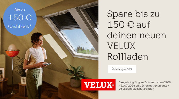 Ein großes Dachfenster mit Blick auf Bäume, drei Vögel am Himmel, ein Blumentopf auf dem Holzmöbel und ein VELUX-Logo im Vordergrund.