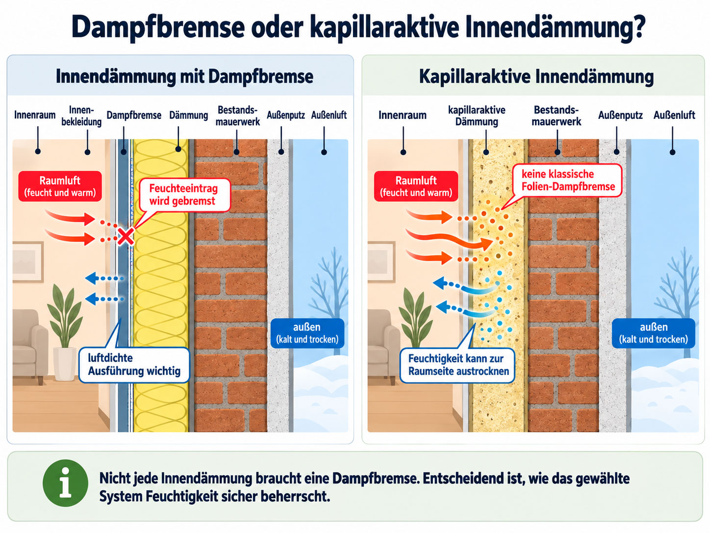 Vergleich zwischen Innendämmung mit Dampfbremse und kapillaraktiver Innendämmung ohne klassische Folien-Dampfbremse.