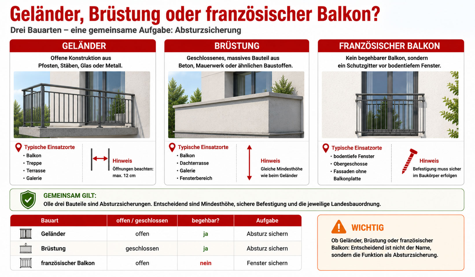 Unterschiede Geländer, Brüstung, französischer Balkon