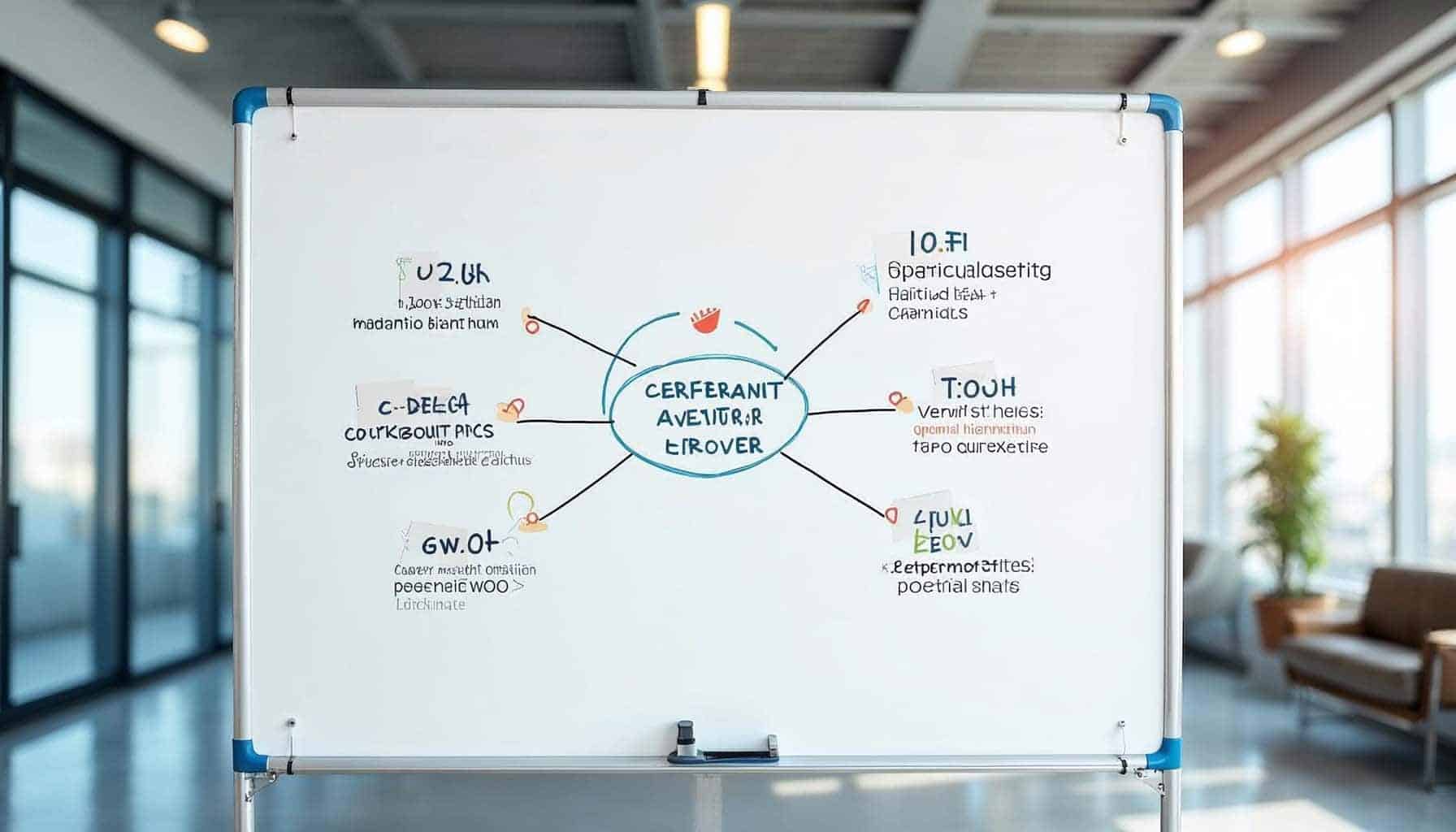 ai powered social media & influencer marketing (2) Office whiteboard displaying a conceptual mind map diagram.