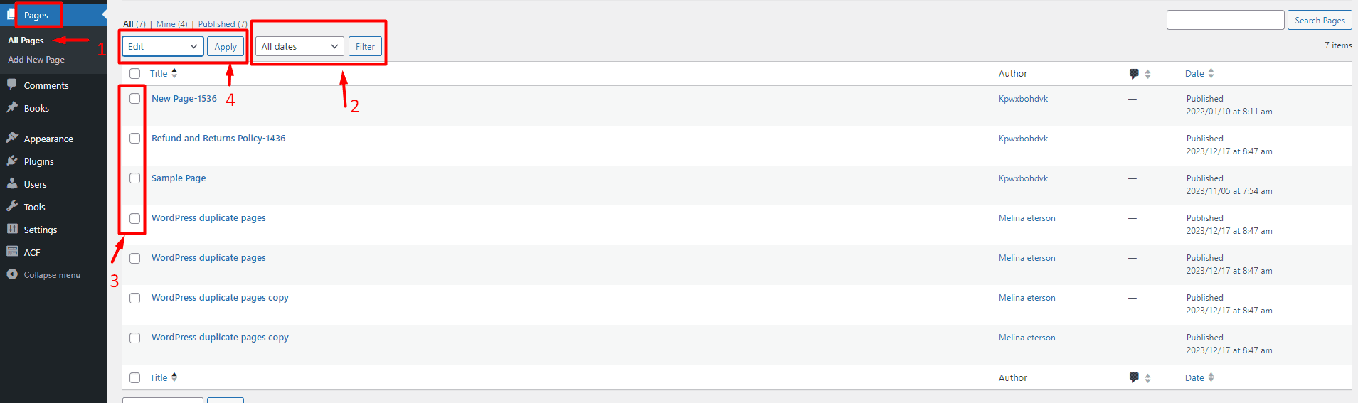 Filter pages and select them for WordPress bulk edit pages author