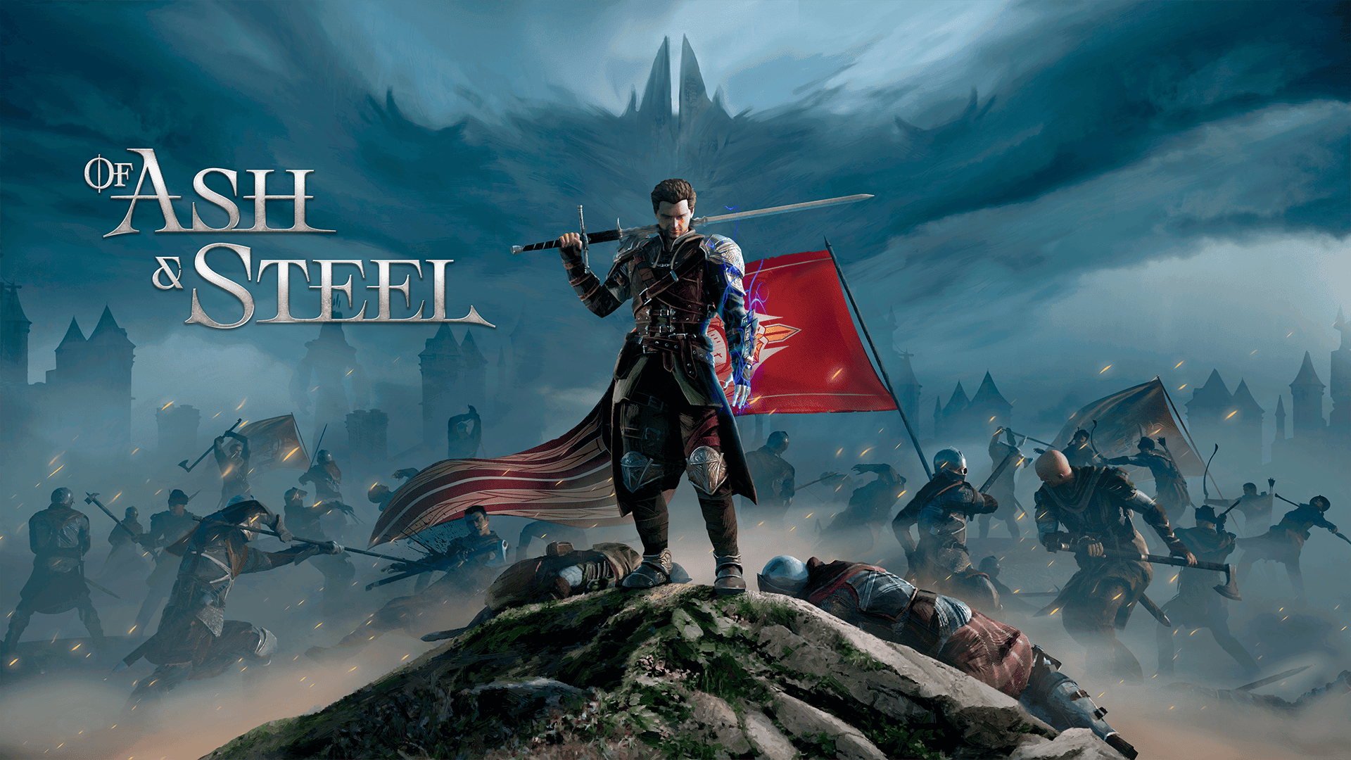 Of Ash and Steel 1920×1080 Vainqueur se tenant sur une roche, brandissant une épée, entouré d'une armée de guerriers en combat dans un décor médiéval fantastique, promotion du jeu vidéo Of Ash & Steel.