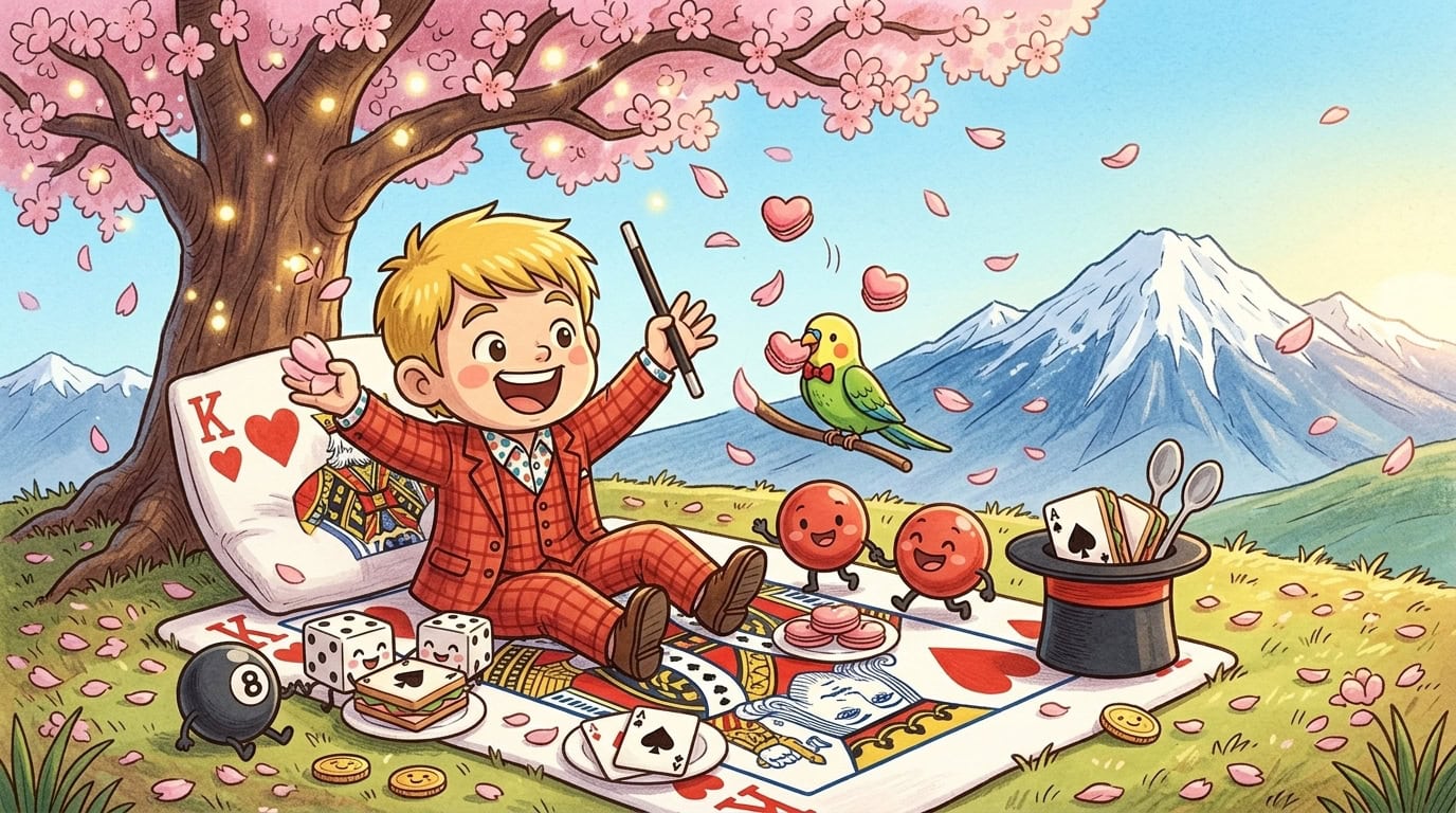 結婚式マジックが最高に幸せ!プロ18年目が語るレギュラーの3つの価値 5 富山の満開の桜の下で家族とお花見を楽しむマジシャン・コンプレッサーのチビキャラ風イラスト。立山連峰が背景