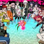 Super Danganronpa 2, personnages en style anime, réunion d'élèves avec des jouets mignons, ambiance colorée et captivante, illustration de jeu vidéo Japan, art numérique, scène de groupe.