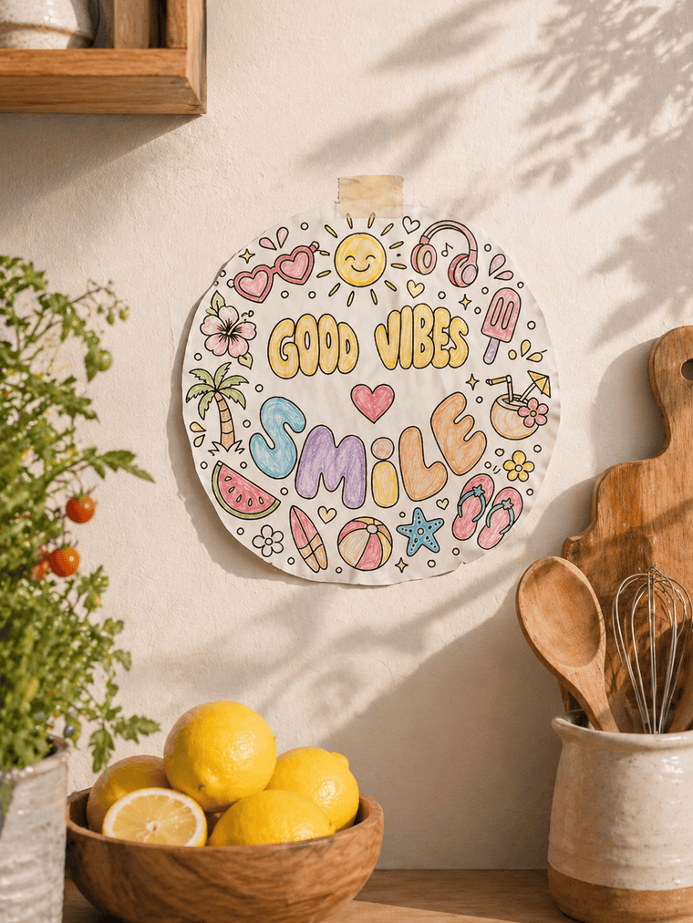 Ausgemaltes und Ausgeschnittenes Sommer-Malbild mit Good Vibes