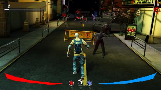 Gamer dans une rue nocturne en environnement urbain, jouant à un jeu vidéo avec des zombies et des barricades, illustrant l'expérience immersive d'Air-Gaming en France, avec des éléments de divertissement numérique, jeu vidéo, zombie, barricades.