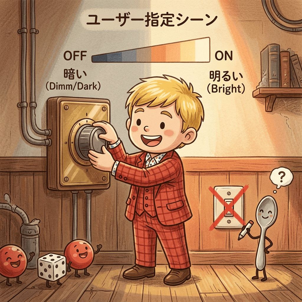 マジシャン流「オンオフ」の3つの新常識!グラデーション思考とアウトプットの驚く力 2 マジシャン・コンプレッサーがオンオフの切り替えを照明のグラデーションで表現するチビキャラ風イラスト。ディマースイッチを回して暗から明へ徐々に変化する場面