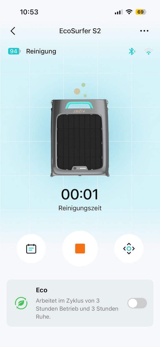 Screenshot der Aiper-App während eines laufenden Reinigungsvorgangs