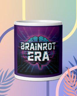 Brainrot Era coffee mug with a retro gaming and glitch art design. Features a teal brain graphic and the words "BRAINROT ERA" on a purple and blue tech-inspired background. A funny gamer and meme gift.