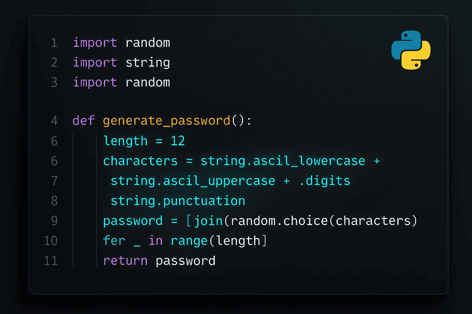 Clean Python IDE showing password generator code with syntax highlighting
