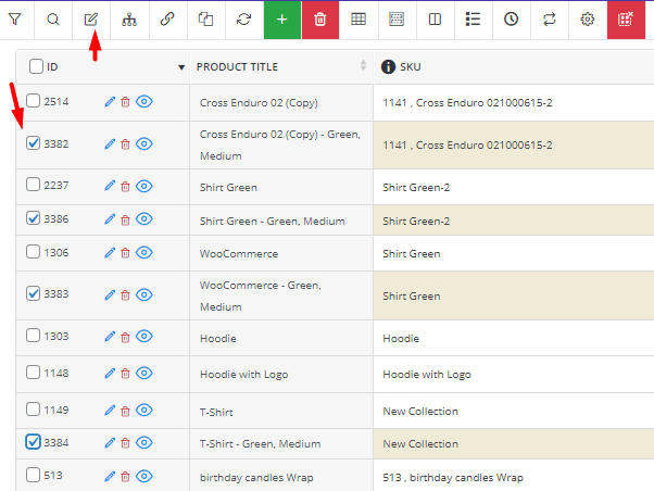 Select product variation and bulk edit
