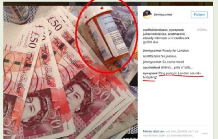 A wad of British £50 notes next to a prescription pill bottle. The image includes text that says "eyespeak Ping pong in London sounds tempting!" Potentially related to discussions of elite exploitation or scandals.