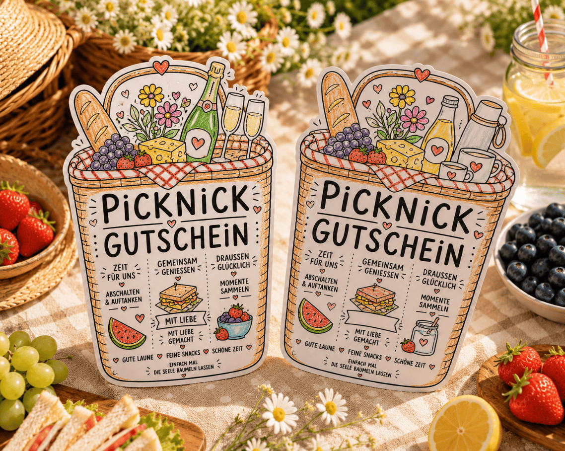 Gutscheine fürs Picknick in coolem Korb-Design zum Ausdrucken und Ausmalen als Bastelvorlage!