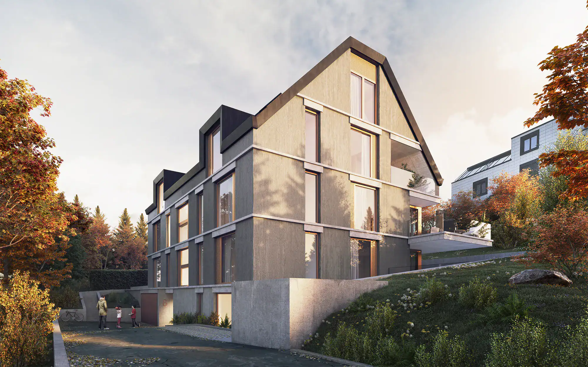 Wie künstliche Intelligenz die Qualität der 3D-Immobilienvisualisierung neu definiert 3 Aussenvisualisierung eines Mehrfamilienhauses in Ruschlikon, Zürich.
