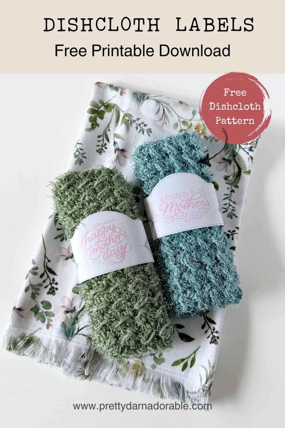 yellow pink and white crochet dishcloth with happy mothers day labels on them