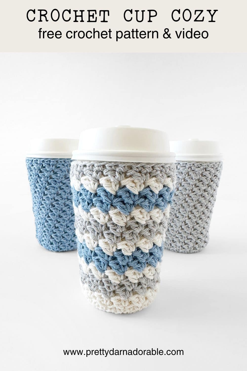 3 blue, grey and cream Textured crochet cup cozy with bottom