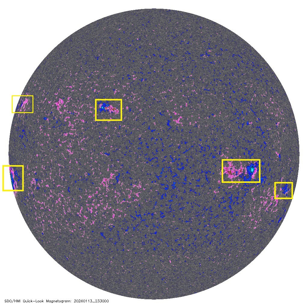 Aktueller Weltraumwetterbericht – 14. Januar 2026 3 Sonnenaufnahme SDO 14. Januar 2026 mit aktiven Regionen AR4336 AR4341