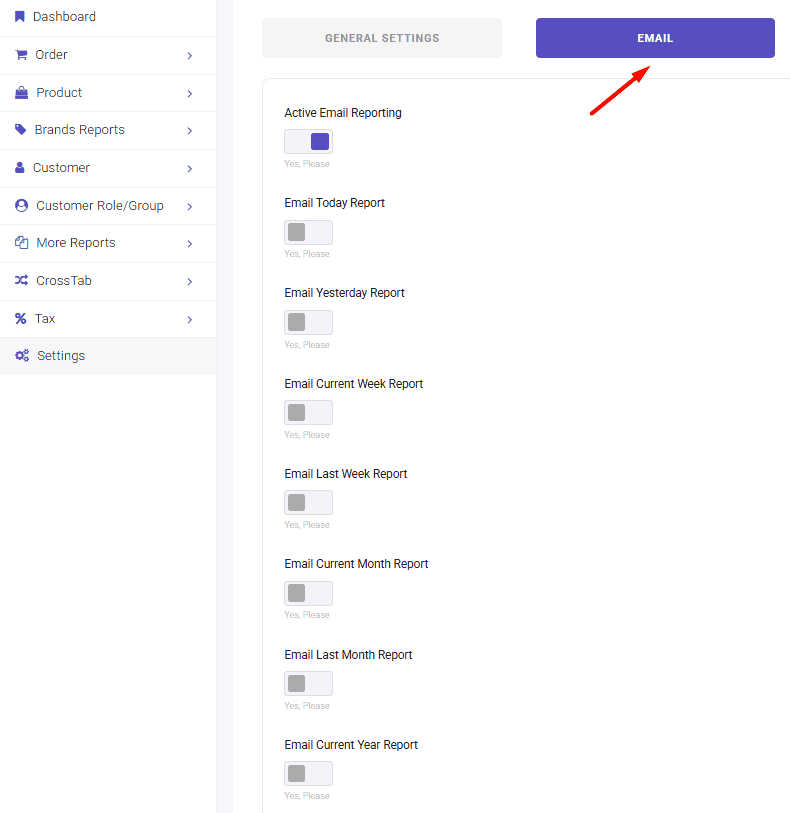 Activating auto email reporting in setting tab