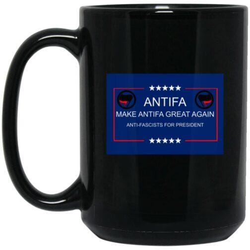 1066-10182-107815087 Black 15oz ceramic "Make Antifa Great Again" mug. Features a full-wrap print design with the Antifa logo, perfect for political coffee or tea.