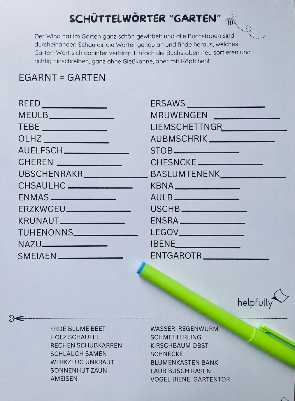 Schlüsselwörter rund um Garten finden, cooles Gehirnjogging für Gross und Klein zum Ausdrucken