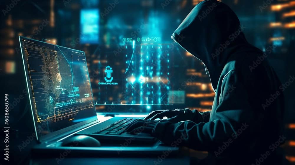 Hacker on a PC in Cyberspace hacking the Matrix - Generative AI